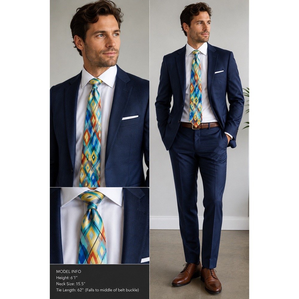 J Garcia Carousel Silk‎ Tie Mens Blue Orange Geometric Abstract Art 62 Inch Long